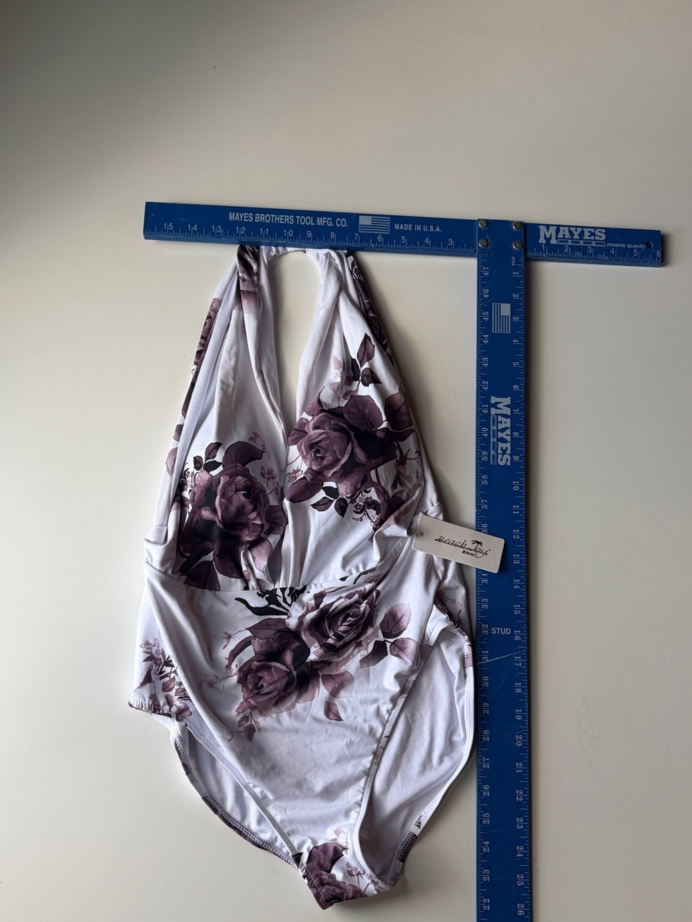 White Floral Halter One-Piece Swimsuit with Purple Roses
